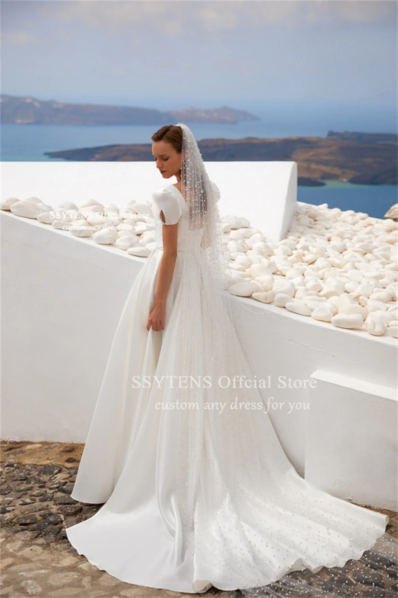 SSYTENS a-ligne Satin robes De mariée col carré manches courtes bouffantes Robe De mariée robes De mariée Robe De Mairee ﻿ Personnalisé ﻿