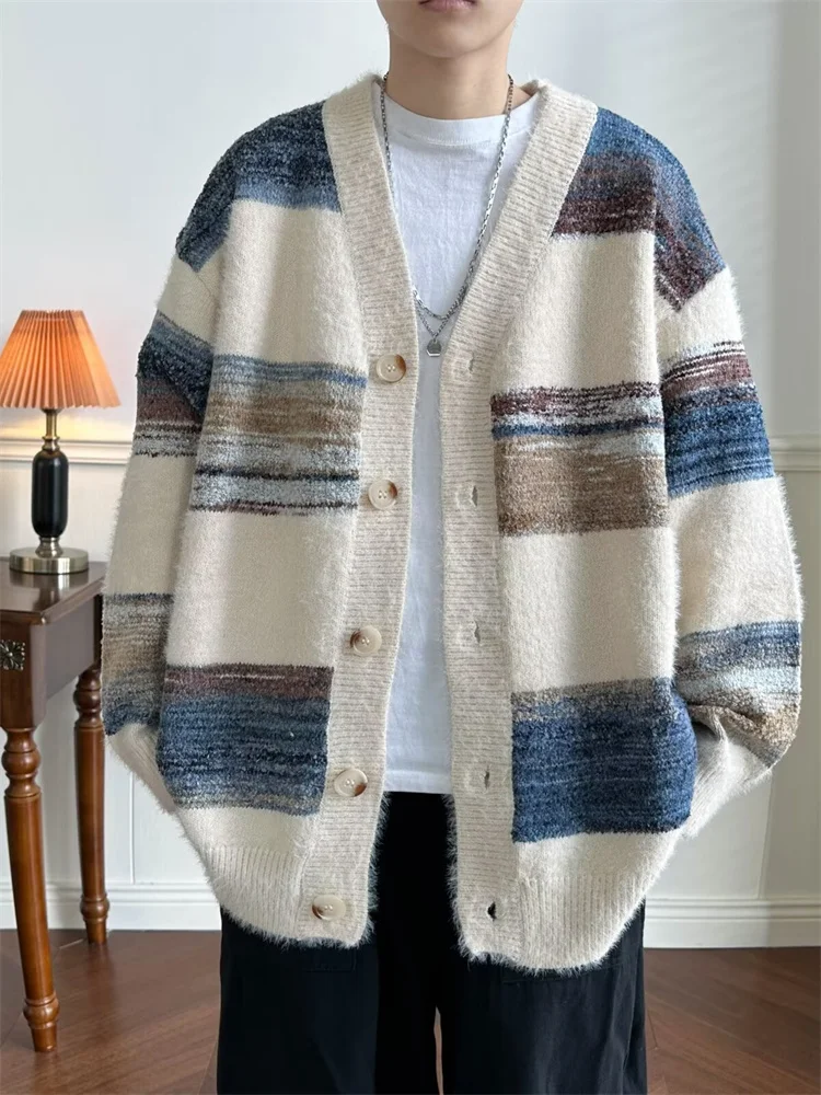 

Мужской свободный вязаный свитер с V-образным вырезом, кардиган в стиле колор-блок, повседневная верхняя одежда для пар, ретро-японский стиль, трикотаж