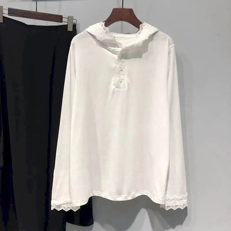 

Hooded T-shirts Aesthetic Oversized Solid Harajuku Elegant Tops Vintage Casual American Style Long Sleeve Autumn Women Clothing