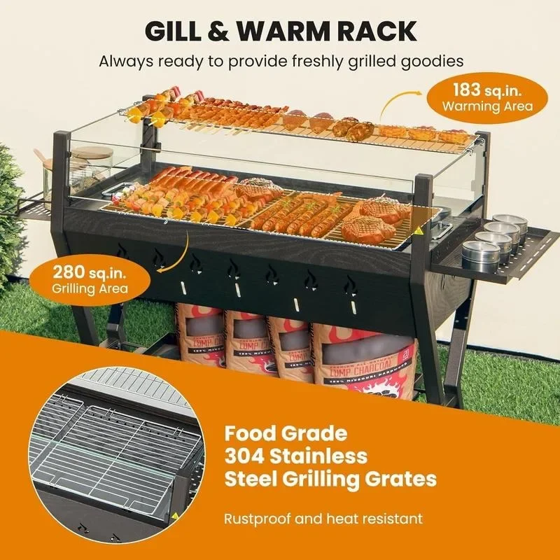 Giantex Charcoal Grill with Transparent Glass Wind Guard, Heavy Duty BBQ Grill Campfire Pit, Fire Bowl, Side Spice Racks