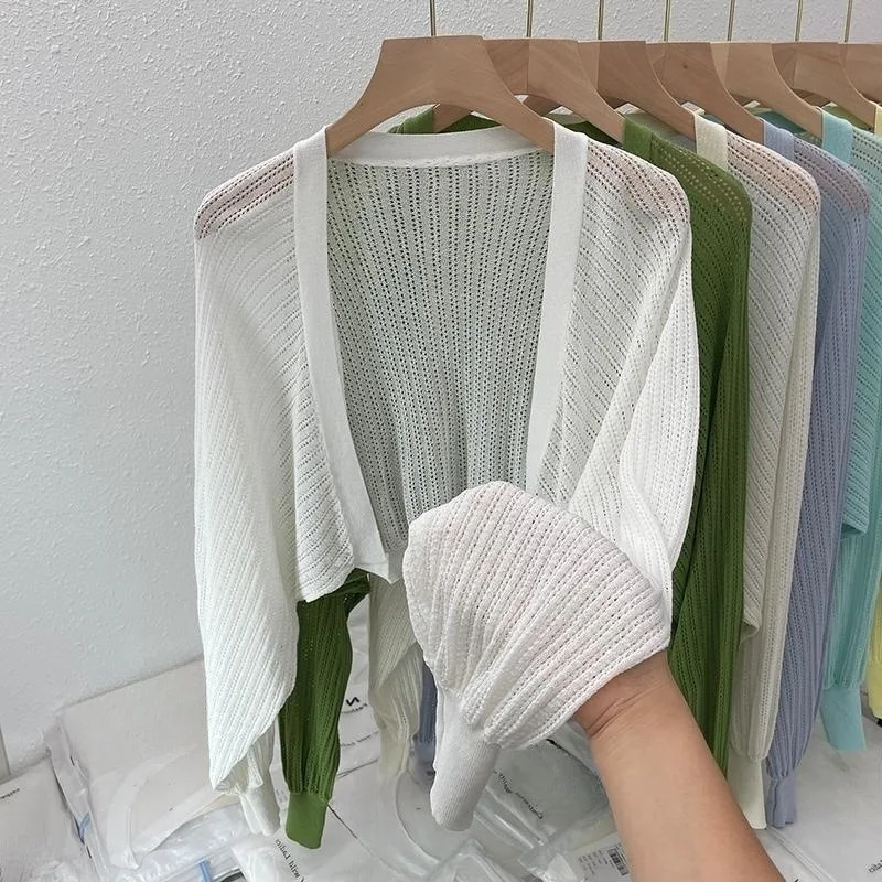 

Sunscreen Cardigan Thin Women Knitted Jacket Perspective Long Sleeve Top Overlay Simple Casual Basic Slim Korean Fashion Summer
