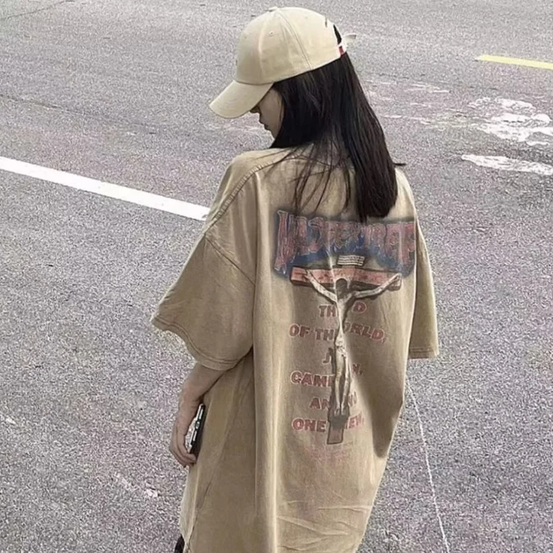 남성용 반팔 티셔츠, 힙스터 스트리트웨어, 레터 그래픽 프린트 워싱 티셔츠, 힙합 하라주쿠 오버사이즈 상의, 2024 여름