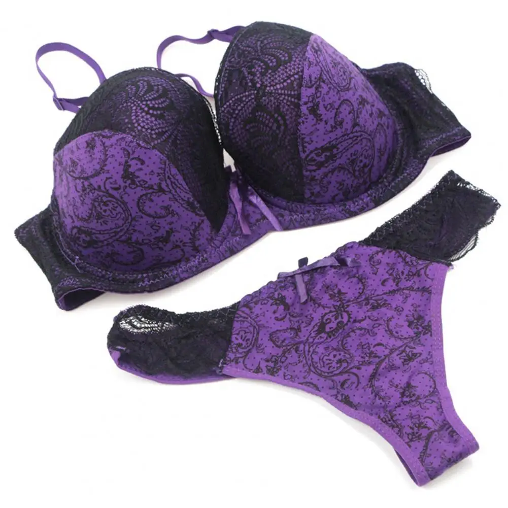 

Breathable Underwear Set Women's Lace Bow Decor Bra Panties Set with Adjustable Straps Push Up Closure 2 Piece for Ladies