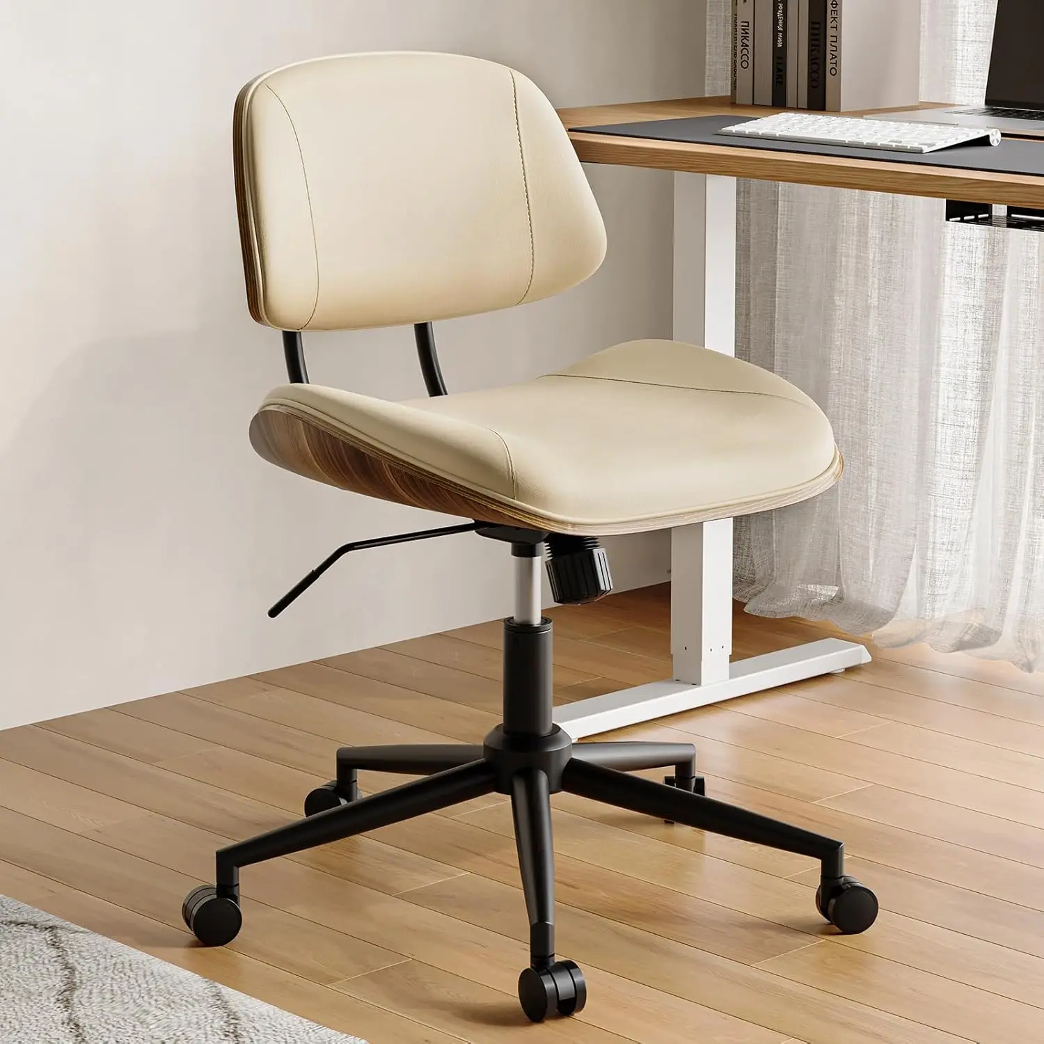 

ArmlOffice Chair with Wheels, PU Leather, Adjustable Height, 360° Swivel, Ergonomic, Modern Walnut Style, Beige