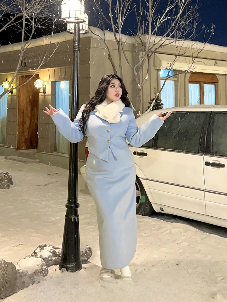 

Комплект из утепленной шерстяной юбки и топа SOUL для полных женщин: модный осенне-зимний наряд для офиса, юбка средней длины