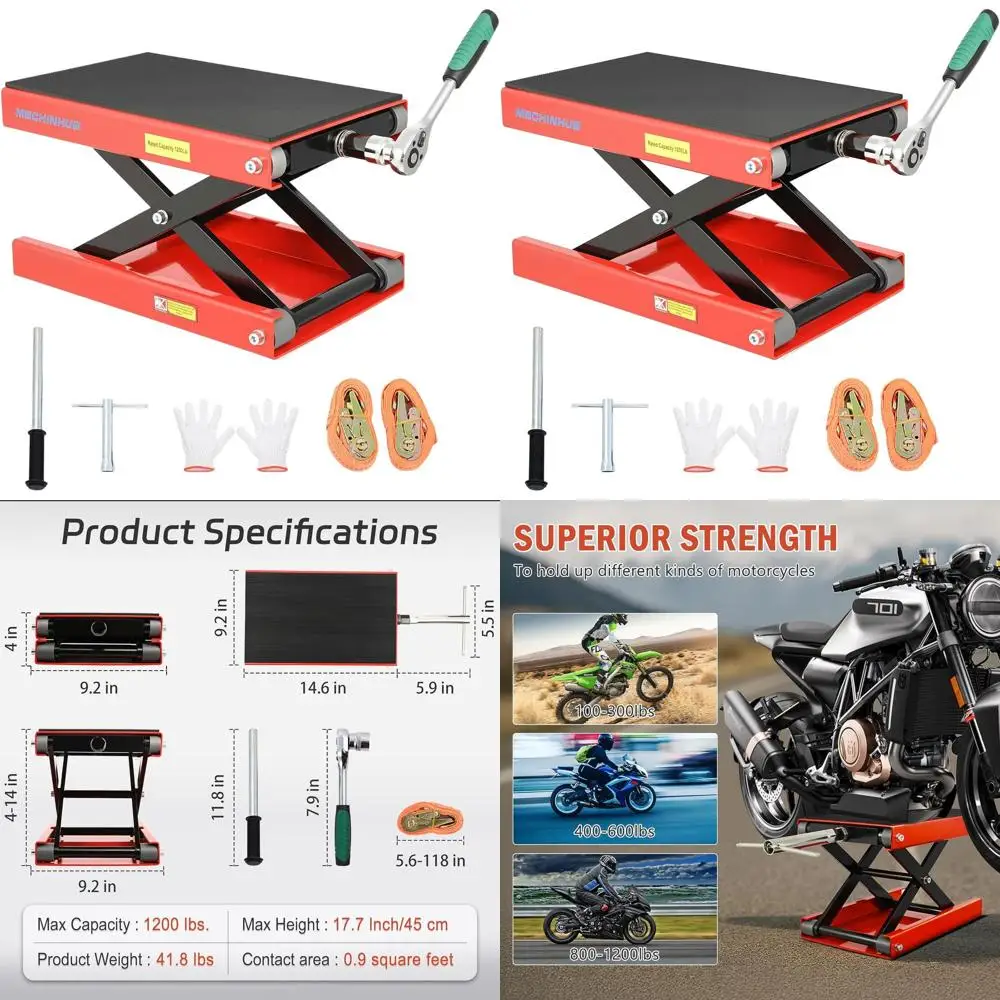 

Стальной ножничный подъемник для мотоциклов, грузоподъемность 1200 фунтов, регулируемая высота 4-14.17 дюймов, красный