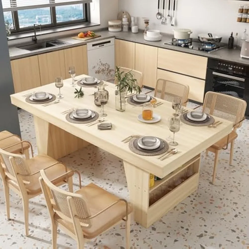 طاولة طعام 78.7 بوصة مع 4 أرفف تخزين تتسع لـ 8-10 أشخاص، طاولة عشاء خشبية حديثة لمطبخ غرفة الطعام، بلوط