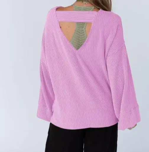 

2025 Back Hollow Design Twisted Ribbed Long Sleeved T-Shirt for Autumn Fashion, Simple and Loose Casual Women's Commuting Top