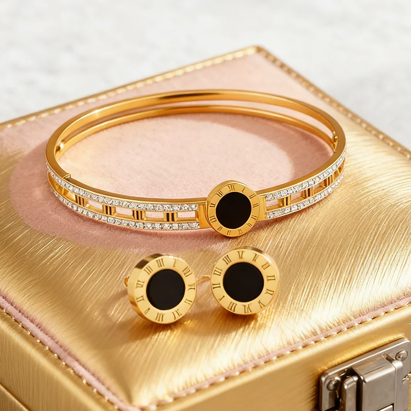 مجموعة مجوهرات نسائية بأرقام رومانية - سوار وأقراط من العقيق الأسود، مجوهرات فاخرة ذات لون ذهبي للحفلات والهدايا