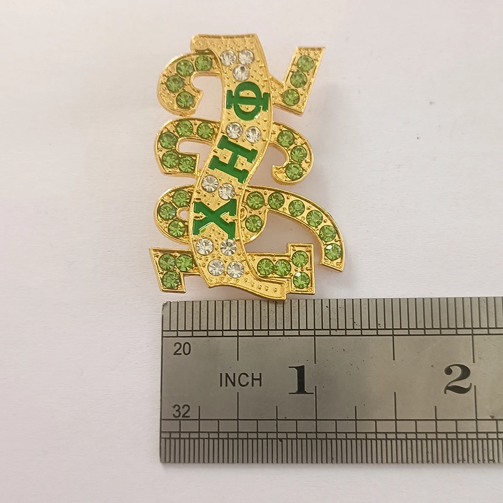 Chi Eta Phi Greek numeral inlaid rhinestone green white 1932 brooch