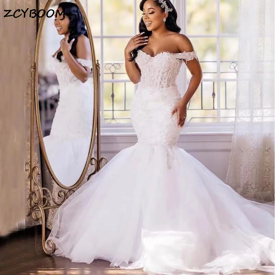 

Элегантные белые африканские свадебные платья русалки для невесты 2025, кружевные аппликации с открытыми плечами и бисером, свадебные платья Vestido De Novia