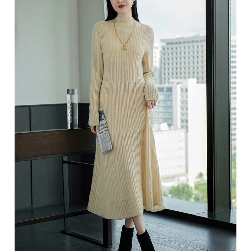 ขนสัตว์ออสเตรเลีย 100% ถักเสื้อแขนยาวผู้หญิงเสื้อกันหนาว high-end และสบายสไตล์ยาวใหม่ผู้หญิงเสื้อกันหนาว