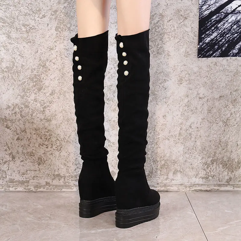 Fujin 12cm Microfiber Leather Platform Wedges Knee High Boot Woman Shoes Fashion Spring Plush Modern Hidden Heel Winter Autumn