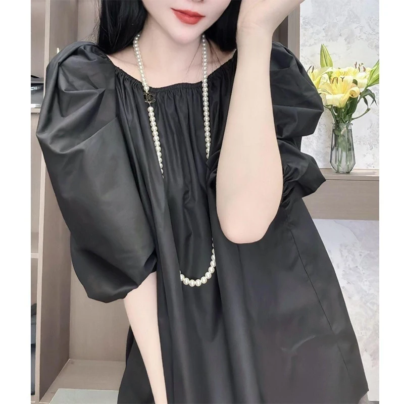 Summer New Round Neck Solid Color Loose Casual Shirt Female Puff Short Sleeve Sexy Fashion One Word Collar All-match Blouse Top