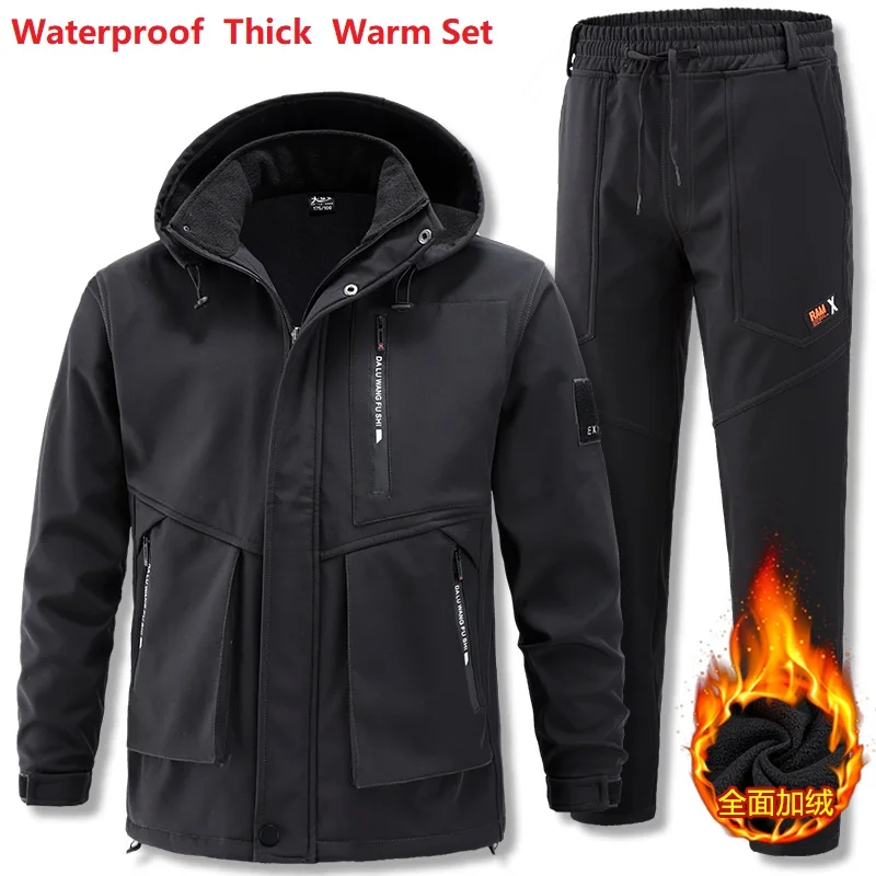 Winter Wool and Thick Men's Warm Waterproof and Wear-resistant Work Set Outdoor Hunting Hiking Fishing Skiing Clothing