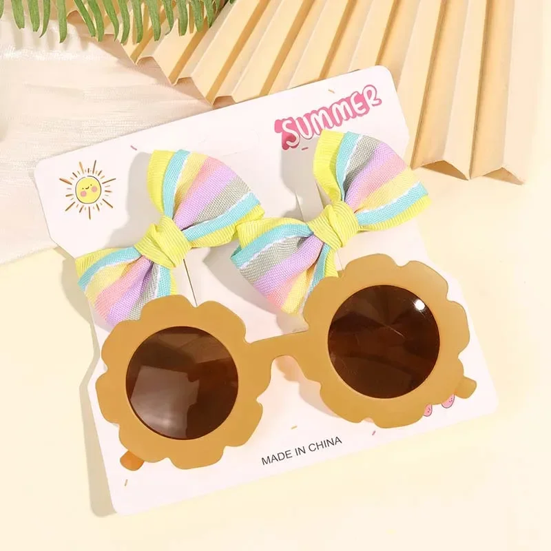 Oaoleer 3PCS Sunglasses Hair Bow Clip Set for Kids Girls Cute Color Stripes Bow Hairpins Headwear Sun Glasses Hair Accessories