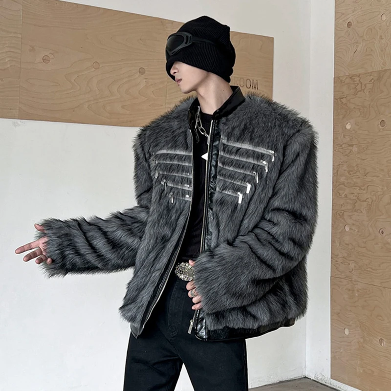 FEWQ Men's Jackets Niche Zipper Splicing Design Clothing Winter PU Leather Stand Collar Short Imitation Mink Fur Coats 24E5811