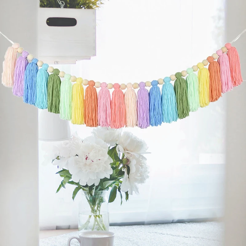 Rainbow Tassel Garland Bohemian Colorful Wood Beads Tapestry Macrame Wall Hanging Decorations Banner Bedroom Party Home Decor