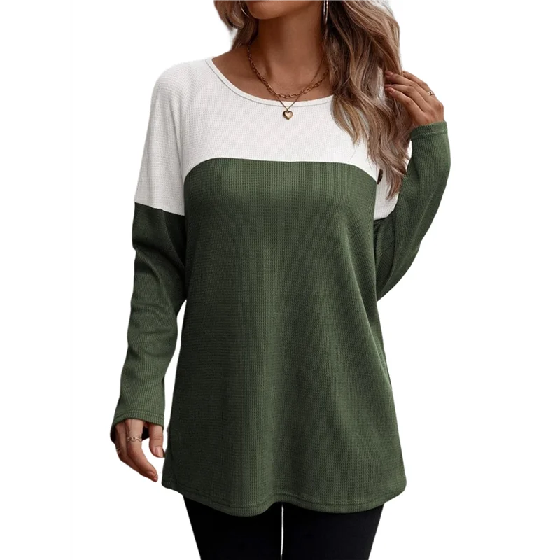 

A83F-Women Waffle Knit Shirts Long Sleeve Colorblock Tee Button Detail Tunics