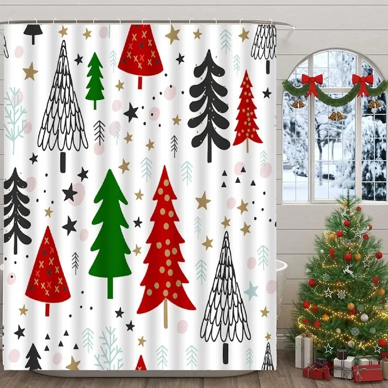 VIKAMA Merry Christmas Shower Curtain Cute Xmas Tree Pattern Waterproof Fabric Bathroom Curtain Home Bath Ornament
