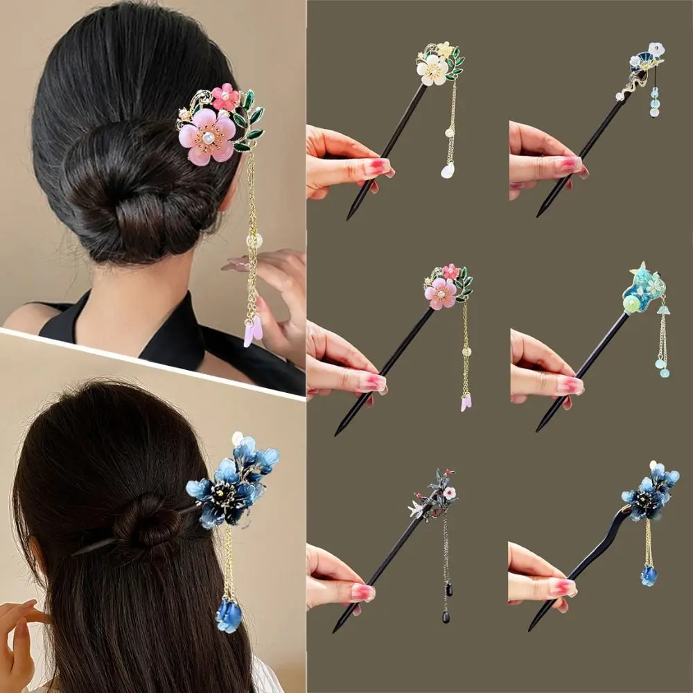 Elegant Chinese Style Flower Hair Sticks Handmade Vintage Hanfu Hair Bun Wooden Hair Forks Tassel Hair Chinese for Pan Headdress