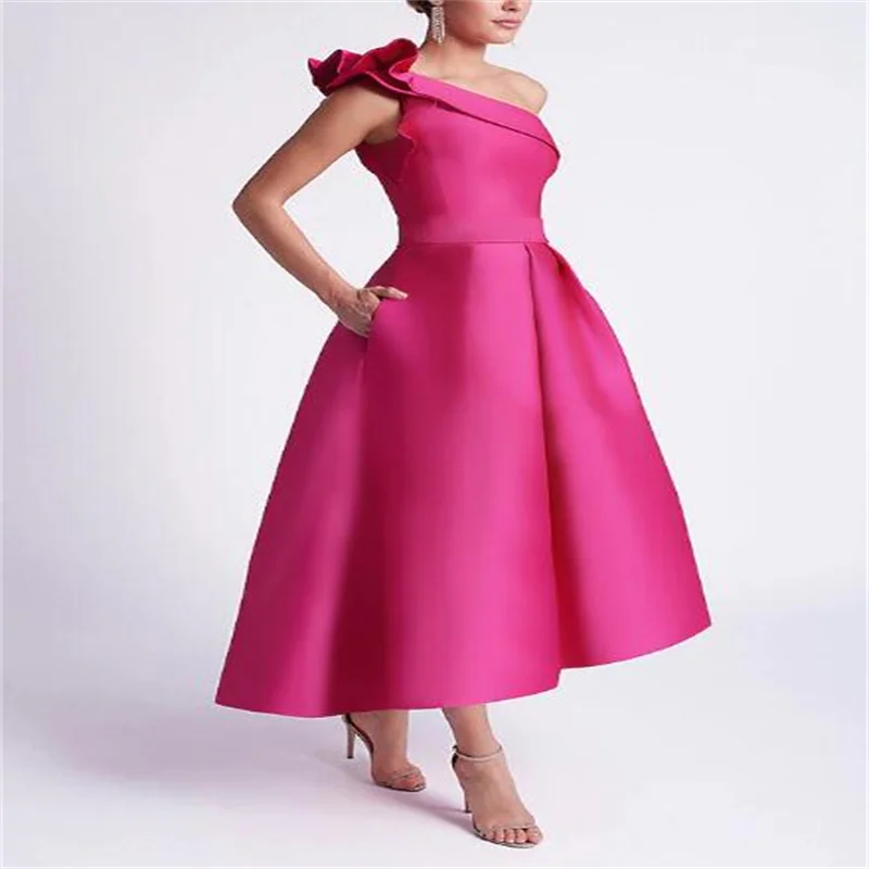 

A-Line Wedding Guest Dress Elegant Dress Summer Asymmetrical Sleeveless One Shoulder Fall Semi-formal Satin with Pocket 2024