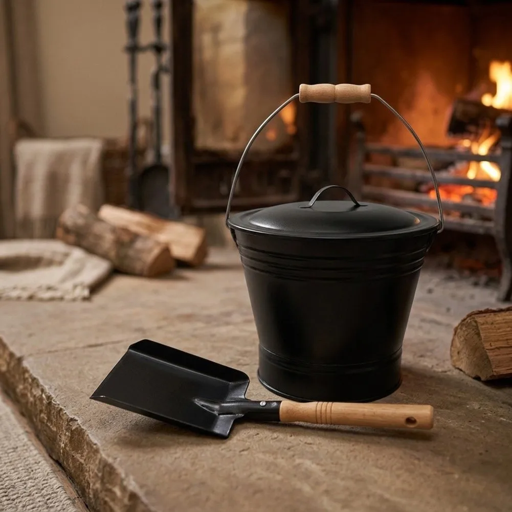 Metal Ash Holder Ash Bucket With Lid For Home Heating Heavy Steel Construction Thermal Insulation Bottom Wooden Grip Handle