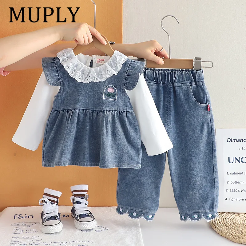 

Girls Denim Clothes Sets Spring Autumn Children Cute Dress Vest Shirts Pants 3pcs Princess Suit For Baby Outfits Kids 3 4 5Y Set