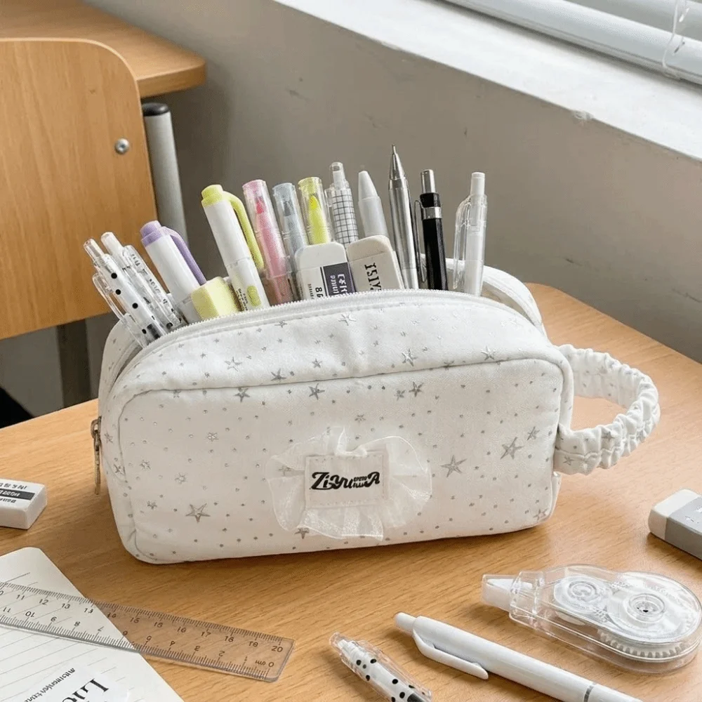 Polka Dots Star Print Pencil Case Large Capacity Lace Viewable Window Storage Pouch Handheld Portable Pen Bag For Teen Girls