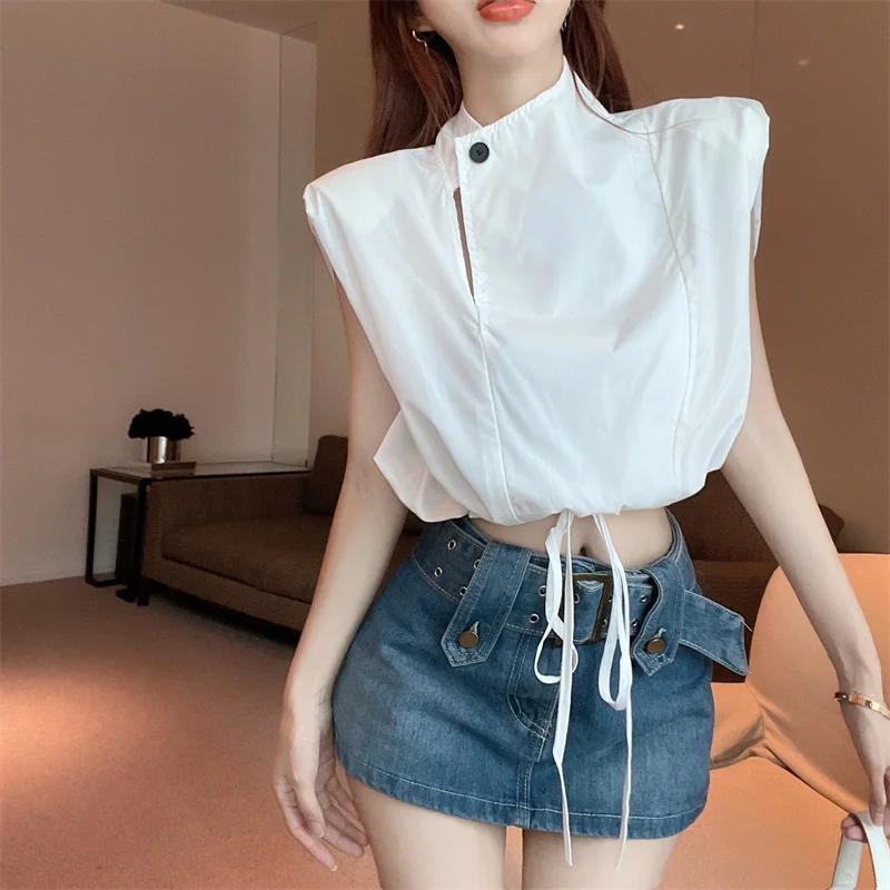 Design inspired stand up collar top, short drawstring sleeveless shirt, padded shoulder vest shirt, women's summer shirt