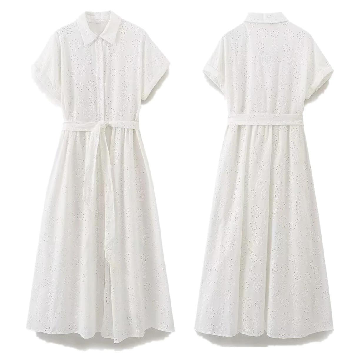 

MaxduttiFrench Minimalist Hollowed Out Embroidered Dress Women Cotton Waistband Shirt Dress White Dress For Summer
