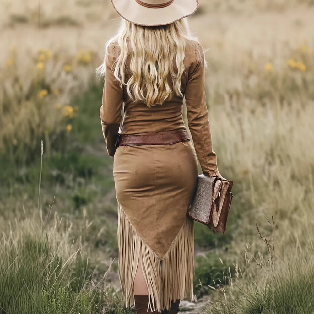 Western Cowgirl Vintage femmes gland tenue décontractée solide revers fermeture éclair manches longues taille haute rétro extérieur femme robes mi-longues