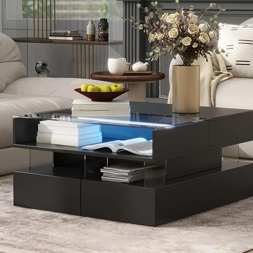 Журнальный столик с подъемным верхом, современная квадратная стеклянная столешница, 2 ящика, скрытое хранилище, светодиодные светильники для гостиной