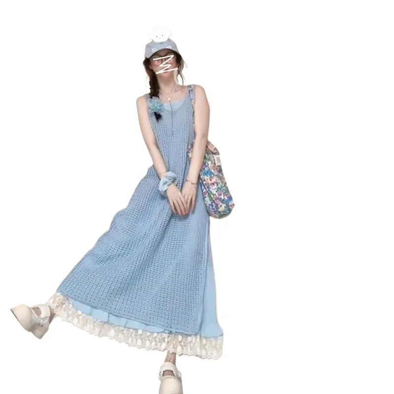 

Летний комплект одежды с корейским синим ажурным вязаным топом и жилетом + синее платье для отпуска, многослойный комплект из двух предметов