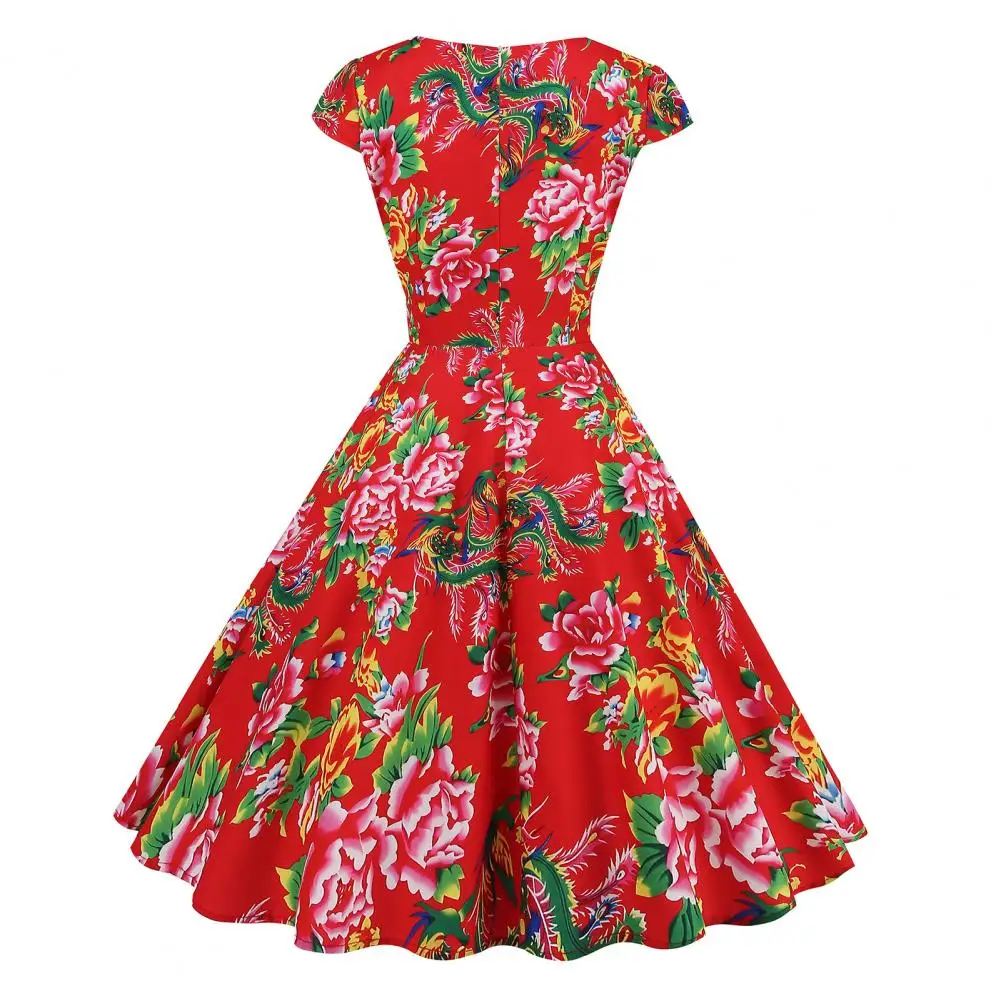 

Knee-length Floral Dress Chinese Style Floral Print V Neck Midi Dress with A-line Silhouette High Waist Hidden Zipper Women's