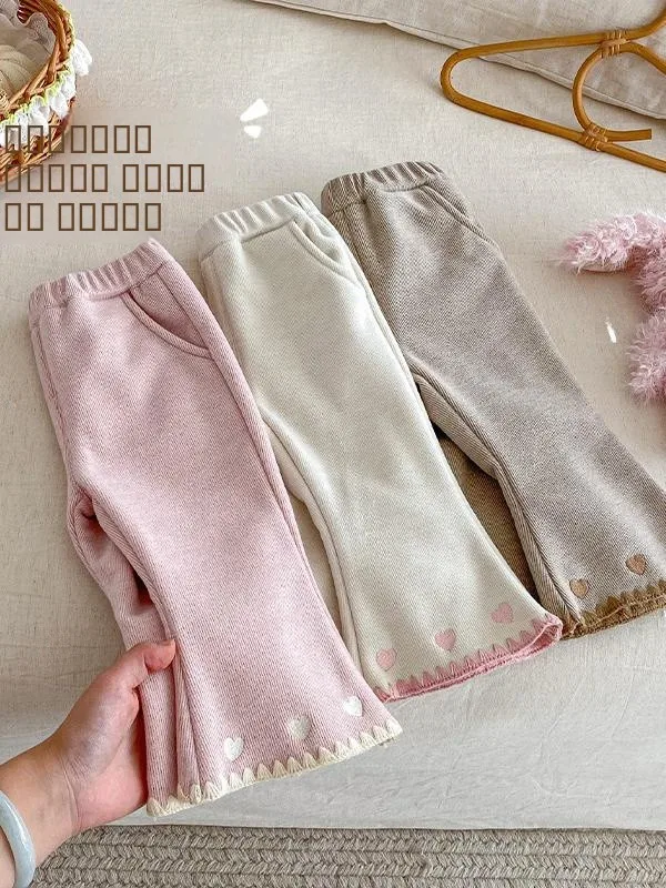 

Утепленные расклешенные брюки для девочек с сердечками, повседневные брюки в корейском стиле, зимние детские модные хлопковые штаны