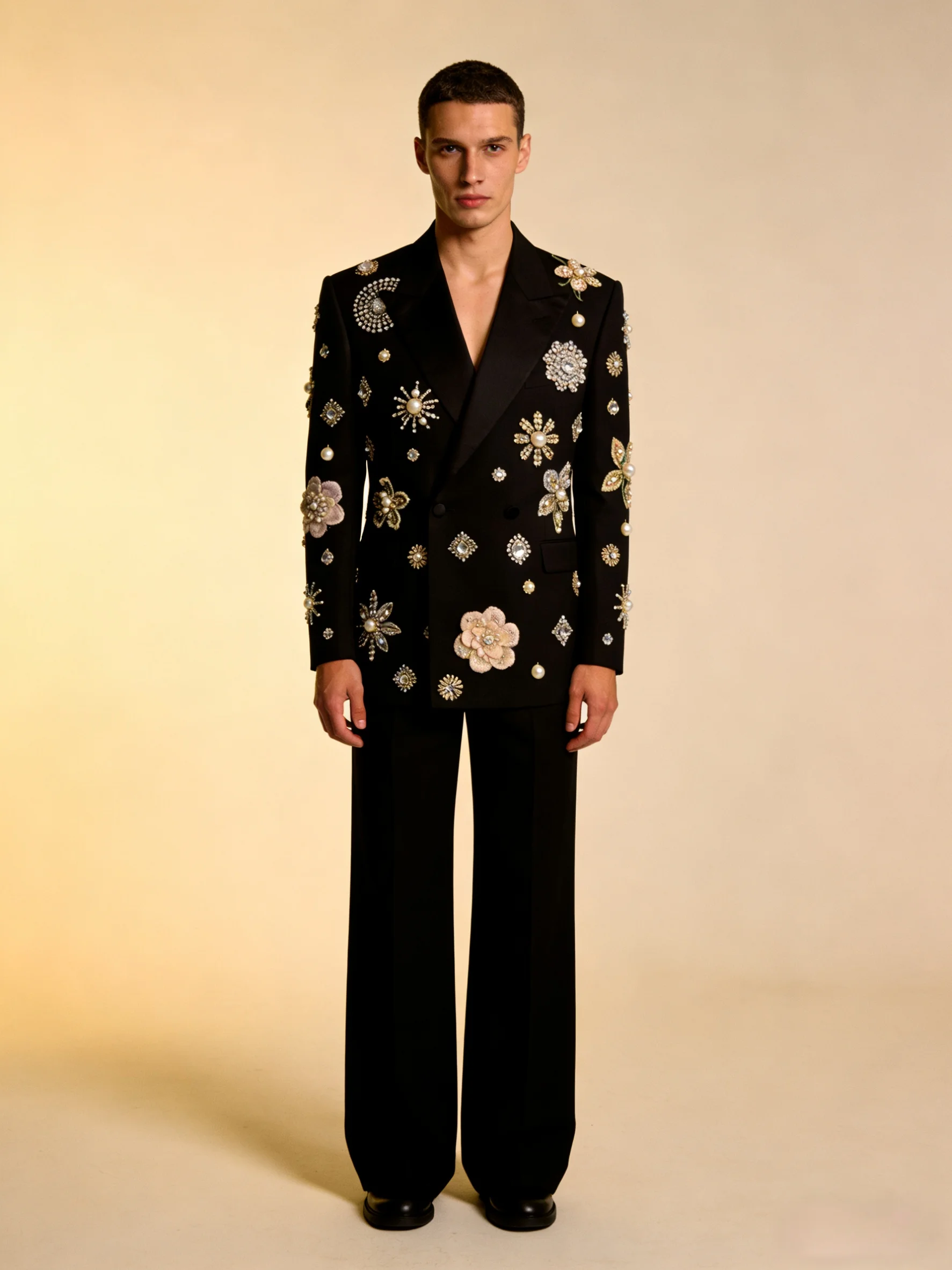 

Luxury Floral Crystals Men Suits Pants Set 2 Pcs Blazer+Trousers Groom Wedding Tuxedos Jacket Formal Office Business Coat Outfit