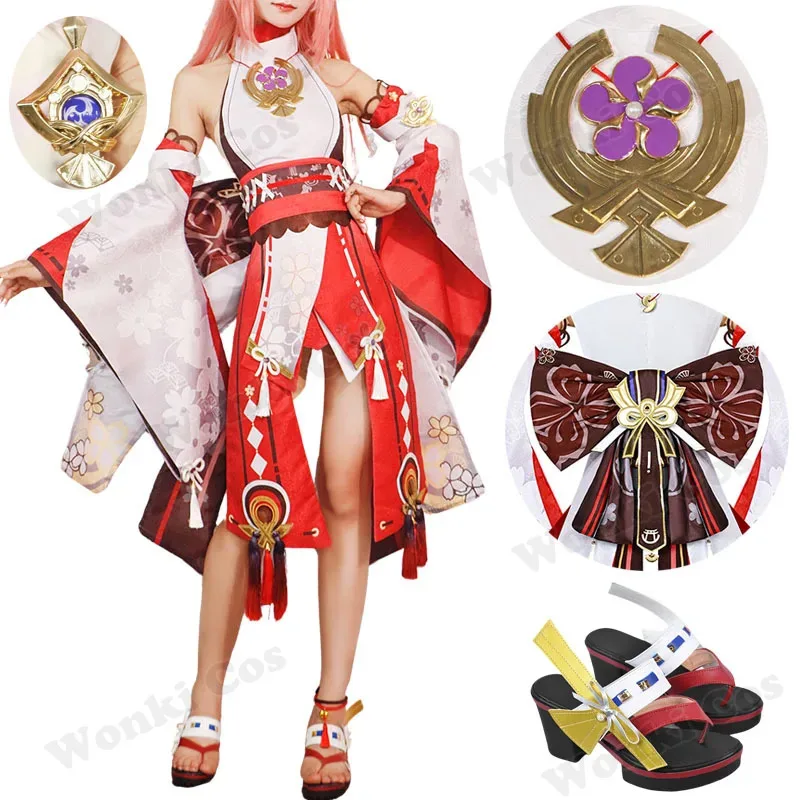 

High quality Yae Miko cosplay costume wig pink hair tail ears Miko cosplay shoes for women rode play dress