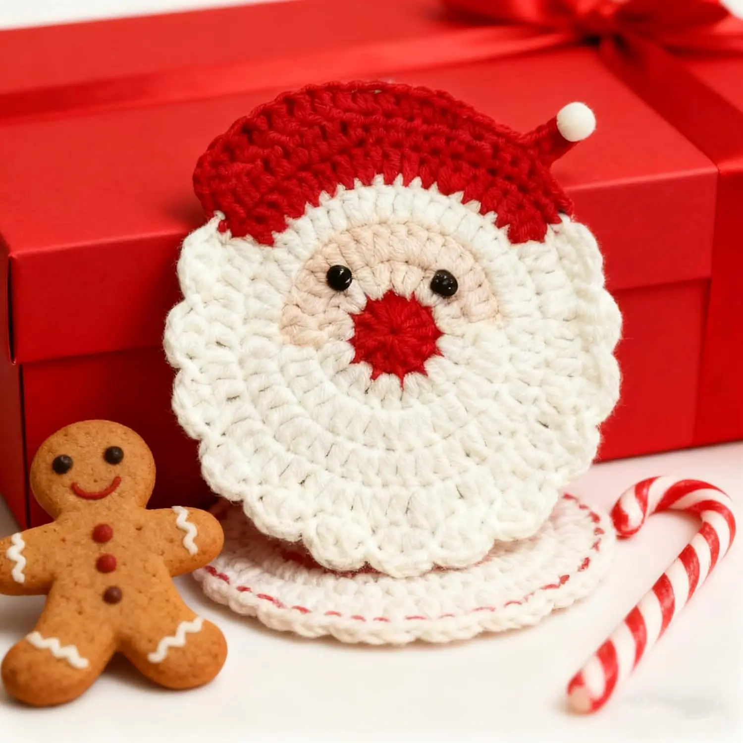 4pcs Christmas Woven Coasters for Drinks Cute Santa Crochet Coasters Fun Insulation Mat Tabletop Protection for Kinds of Cups.