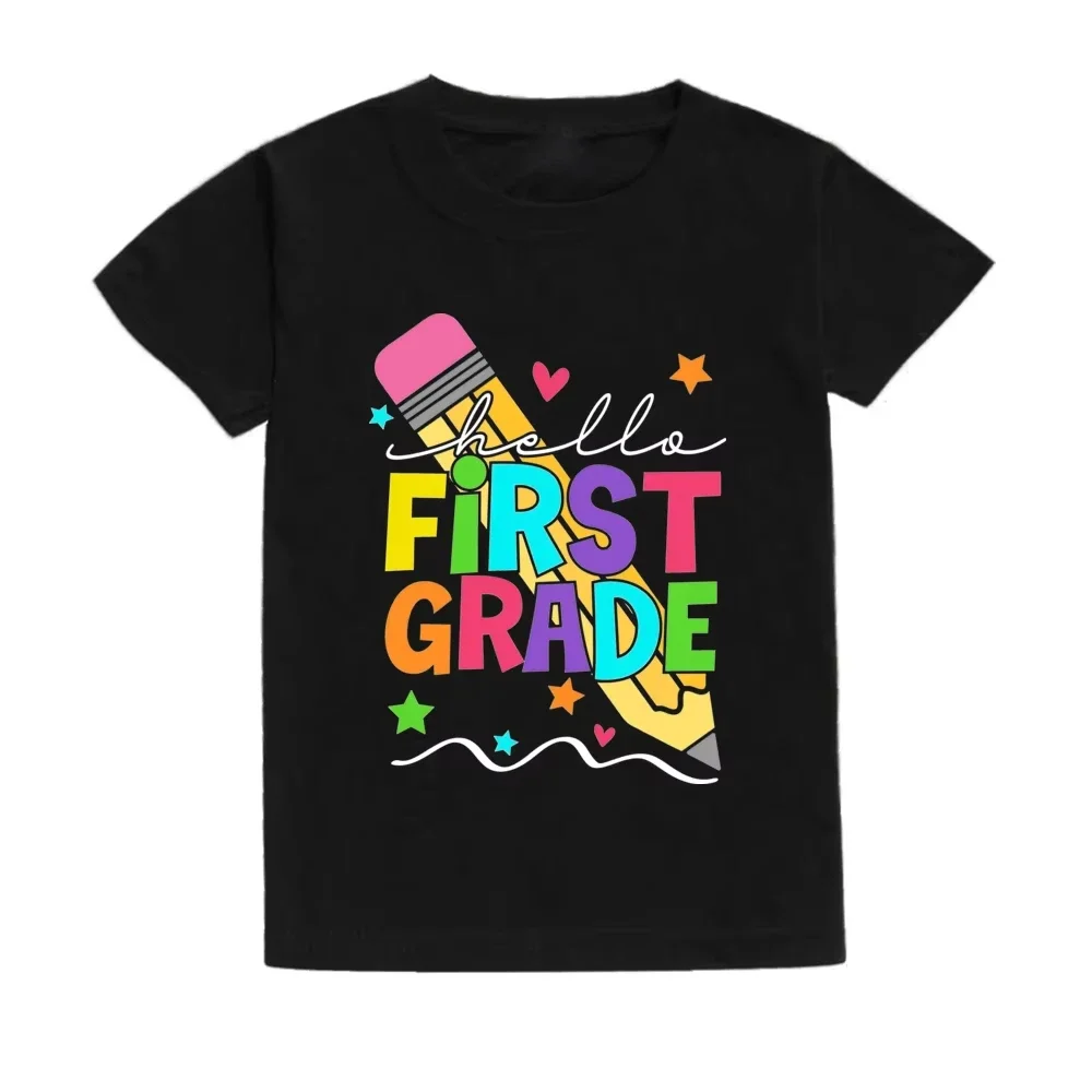 Hello First Grade Colorful Letter Pencil Star Heart Graphic Kids Short Sleeve T Shirt Back To School Boys Girls Casual Top