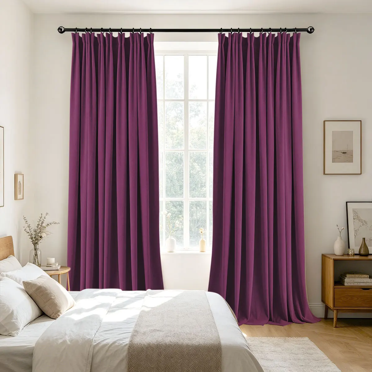 Dark Purple Velvet Blackout Curtains 2PCS, Pinch Pleat Hook Top Drapes, Modern Solid Curtain for Bedroom Living Room Home Decor