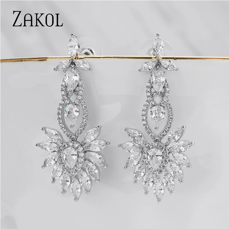 ZAKOL Luxury Clear Crystal Teardrop Bridal Long Drop Dangle Earrings for Women Wedding Party Jewelry FSEP5120