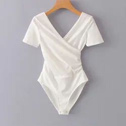 Sexy V-neck Bodysuits Women Summer Bodycon Chic Short Sleeve Harajuku Holiday Slim Feminine Casual Solid Sexy New Fashion Korean