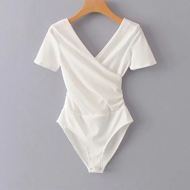 Seksowne body z dekoltem w kształcie litery V damskie letnie Bodycon eleganckie z krótkim rękawem Harajuku wakacje szczupła kobieca na co dzień jednolita seksowna nowa moda koreańska