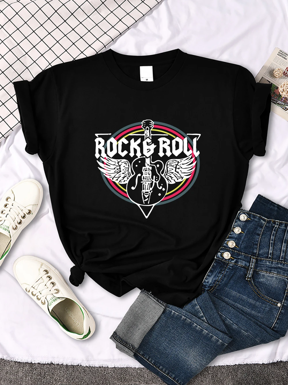 Rock Roll Electric Guitar Printed T-Shirt Women Casual Comfortable Tops Breathable Cool Short Sleeve O-Neck Street Tee Clothing