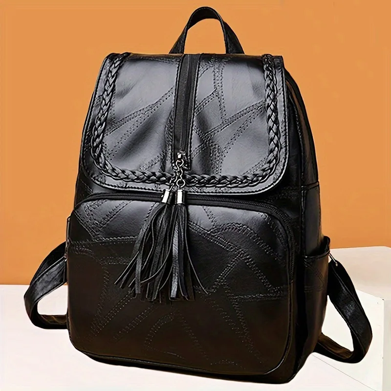 

Women's Vintage Patchwork Backpack PU Leather Rucksack With Braided Trim & Tassel Decor For Daily Use Travel