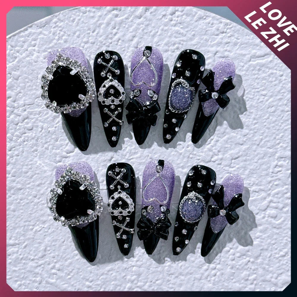 10 Uds. De uñas góticas hechas a mano con forma de punta larga, cadena de Metal Punk con diamantes de amor, cubierta completa de calle, regalo para