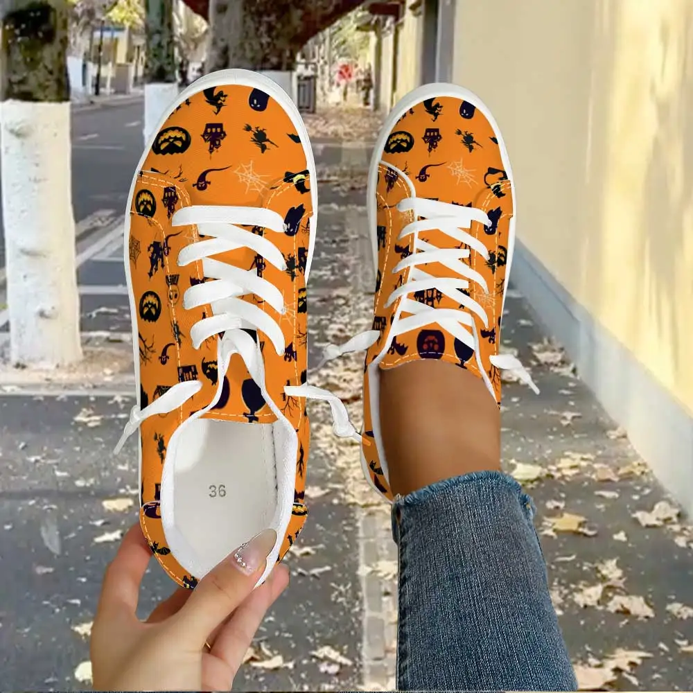 Classic Halloween Element Women Casual Sneakers, Low‑Top Canvas Shoes, Lace‑Up for Halloween Festival Party and Daily Wear