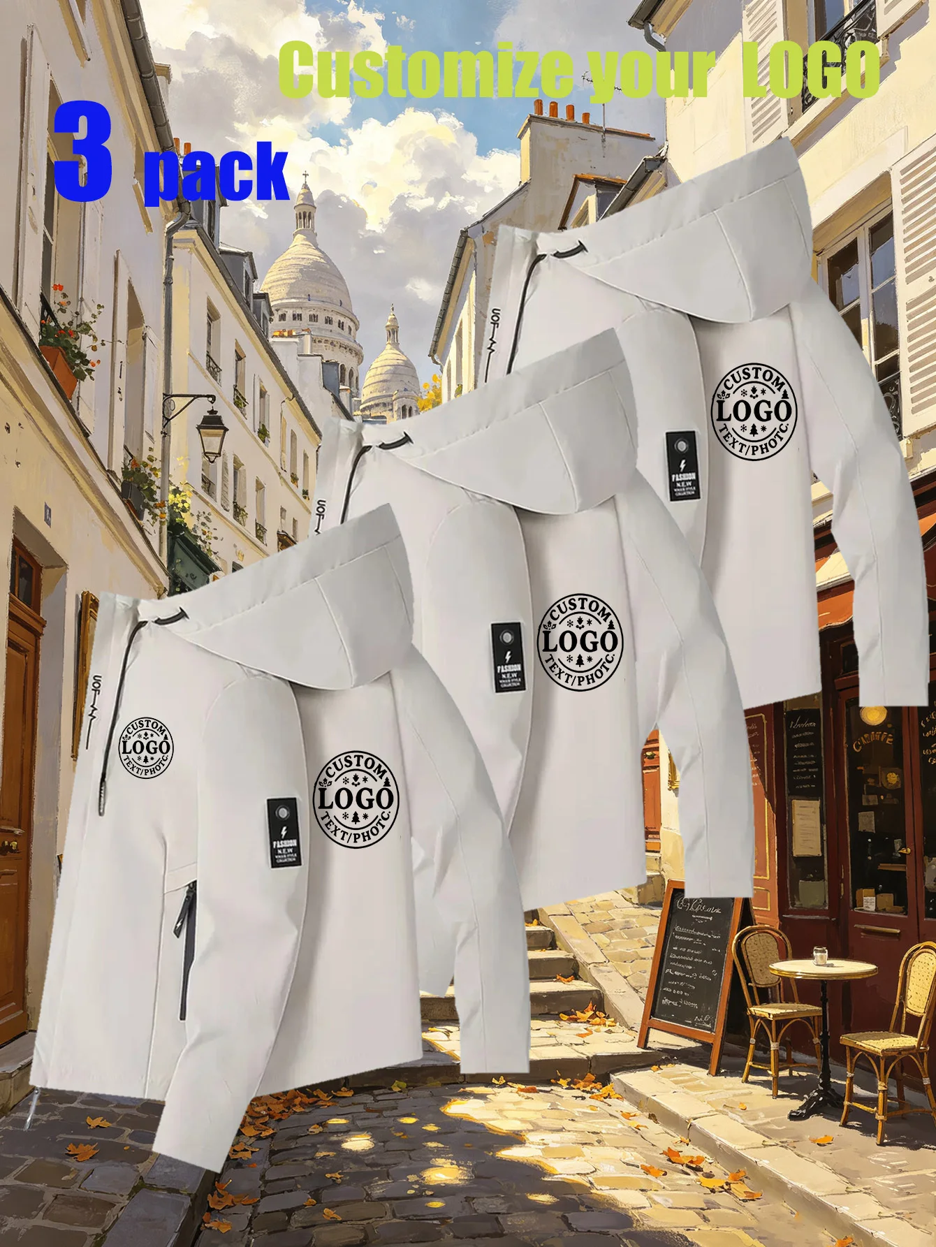 3-piece men's custom-logo hooded jacket. You can customize the logo yourself. Casual coat