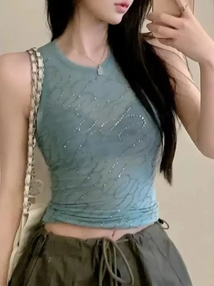 المرأة طبقة مزدوجة شبكة شفافة سترة مثيرة موضة حجر الراين أكمام Y2K شارع العليا يتعرض السرة المرأة تي شيرت